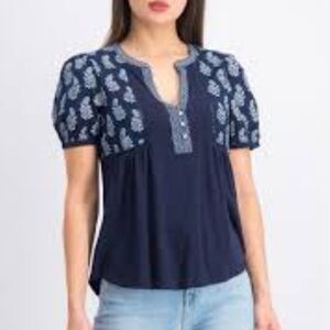 Lucky Brand Top Navy Blue Floral Button Tess Size XL